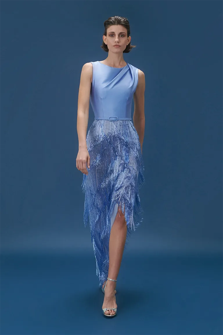 midi dress,satin dress,blue dress,tassel skirt,fully beaded skirt,party dress, red carpet dress, high side slit, slit,satin top, ready to wear designer, evening dress Dubai, buy dress Dubai, fashion designer Dubai, Autumn-Winter collection, gala dress
