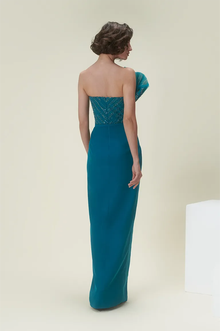 crepe dress,extravagant dress, structured dress, fitted dress,strapless dress,party dress,red carpet dress,blue dress, everglade dress, high slit, slit, embellished dress, ready to wear designer, evening dress Dubai, buy dress Dubai, fashion designer Dubai, Autumn-Winter collection, gala dress