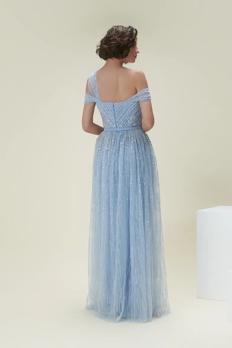 mother of the bride, beadwork, blue dress, embroidery, beading, flowy fully embellished dress,asymetrical dress,  tulle dress, ball gown, long dress, draped top, asymmetric shoulder strap, evening dress, beading dress, red carpet dress, ready to wear designer, evening dress Dubai, buy dress Dubai, fashion designer Dubai, Autumn-Winter collection, gala dress