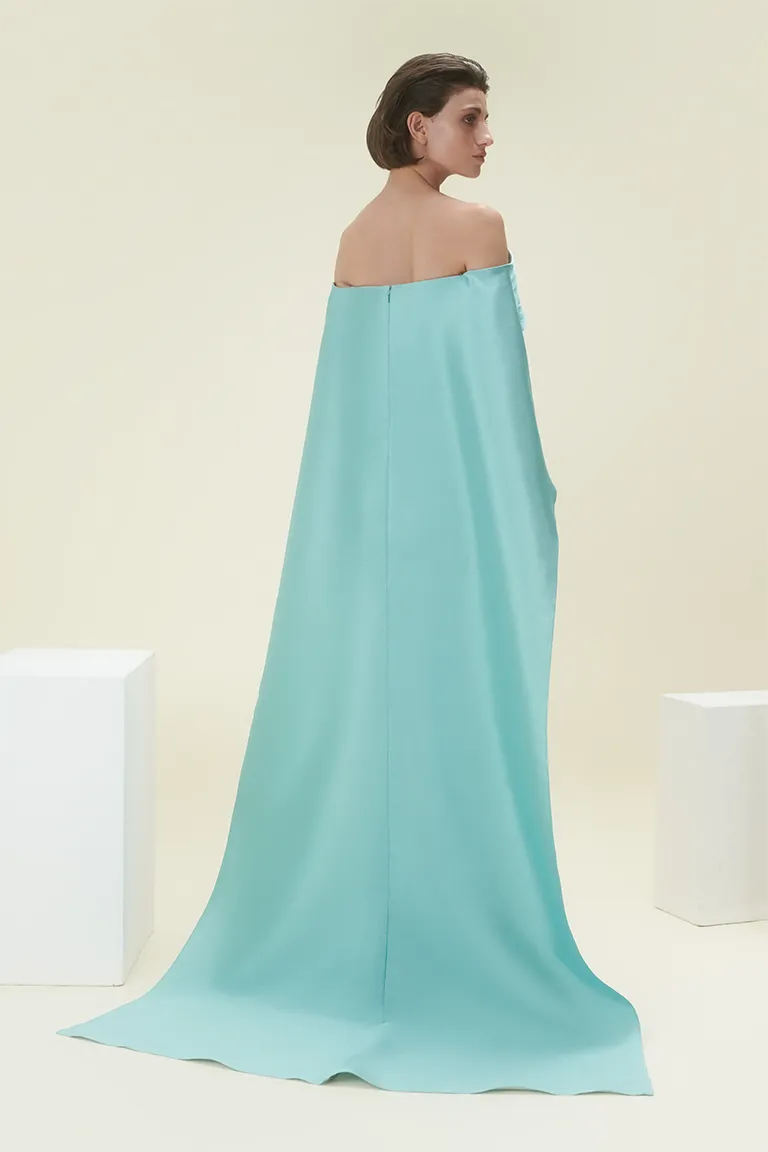 mother of the bride, cape dress, column dress, cape, satin cape,asymmetrical off-shoulder satin cape, royal dress, long dress, evening dress, silver and blue, fitted dress, beading dress, waterfall cape, 3d embellished dress, red carpet dress, strapless dress, ready to wear designer, evening dress Dubai, buy dress Dubai, fashion designer Dubai, Autumn-Winter collection, gala dress