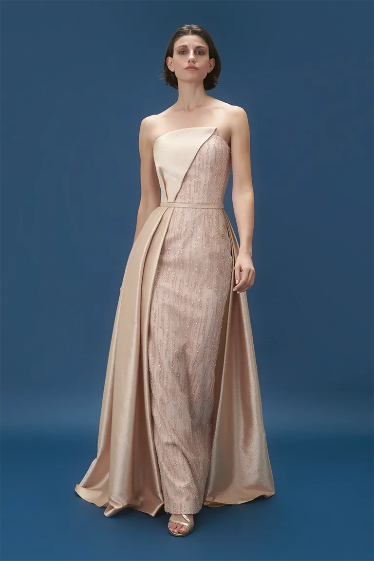 bridemaids dress, mother of the bride, cape dress, column dress, cape, royal dress, long dress, evening dress , fitted dress, beading dress, fully besded,draped top, overlay top, sation over skirt, over skirt, red carpet dress, strapless dress, ready to wear designer, evening dress Dubai, buy dress Dubai, fashion designer Dubai, Autumn-Winter collection, gala dress