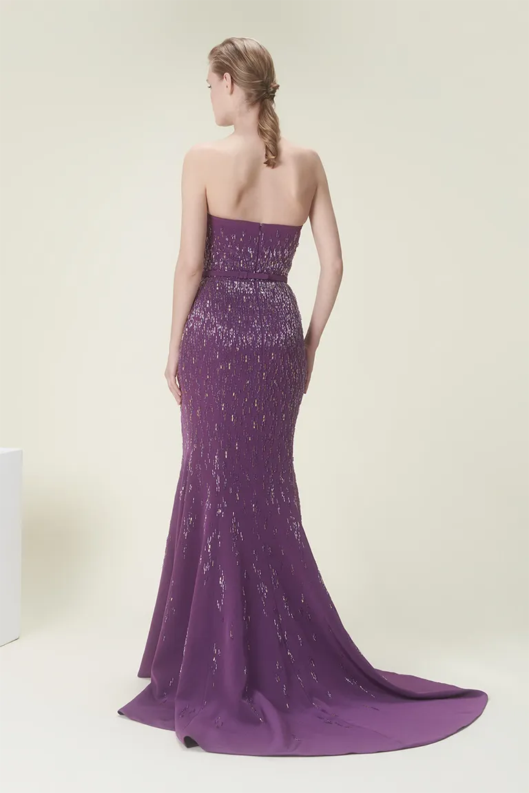 stapless dress,  full length, crepe dress, mermaid dress, fitted crepe dress, fully beaded dress, purple dress, majesty dress, long dress, evening dress, , red carpet dress,  ready to wear designer, evening dress Dubai, buy dress Dubai, fashion designer Dubai, Autumn-Winter collection, gala dress