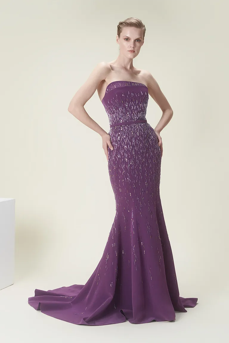 stapless dress,  full length, crepe dress, mermaid dress, fitted crepe dress, fully beaded dress, purple dress, majesty dress, long dress, evening dress, , red carpet dress,  ready to wear designer, evening dress Dubai, buy dress Dubai, fashion designer Dubai, Autumn-Winter collection, gala dress