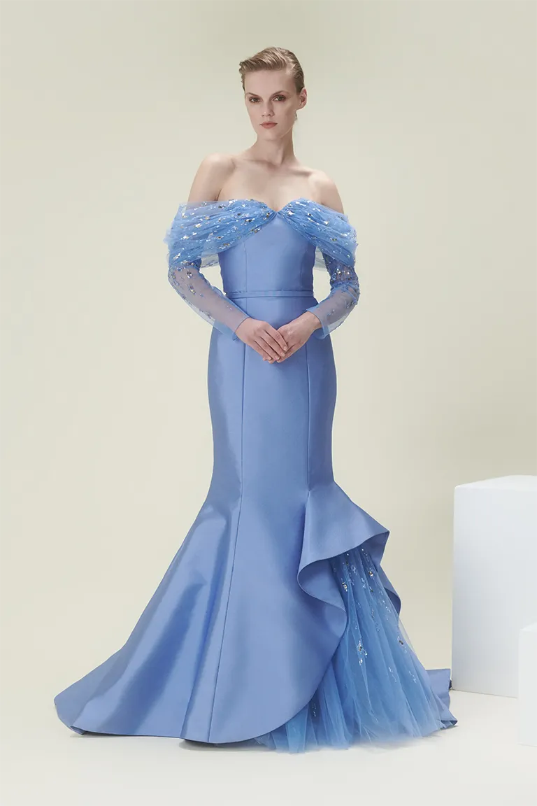 satin dress,extravagant structured dress, fitted dress,off-shoulder,party dress,red carpet dress, blue dress, allure dress, long tulle sleeves dress, intricate beadwork, embellished dress, ready to wear designer, evening dress Dubai, buy dress Dubai, fashion designer Dubai, Autumn-Winter collection, gala dress