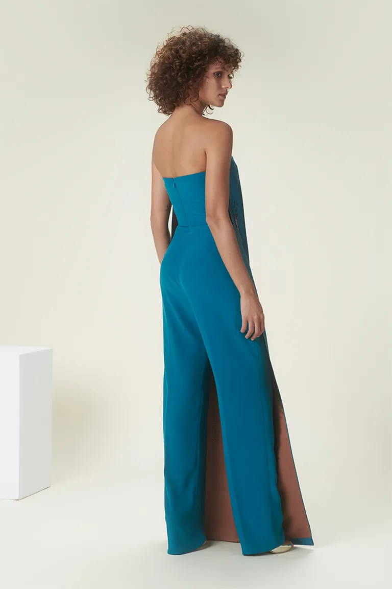 cape jumpsuit, satin jumpsuit ,embelished jumpsuit, cape, front cape, blue jumpsuit, red carpet dress, strapless jumpsuit, strapless dress, ready to wear designer, evening dress Dubai, buy jumpsuit Dubai, fashion designer Dubai,  Autumn-Winter collection, gala dress gala jumpsuit