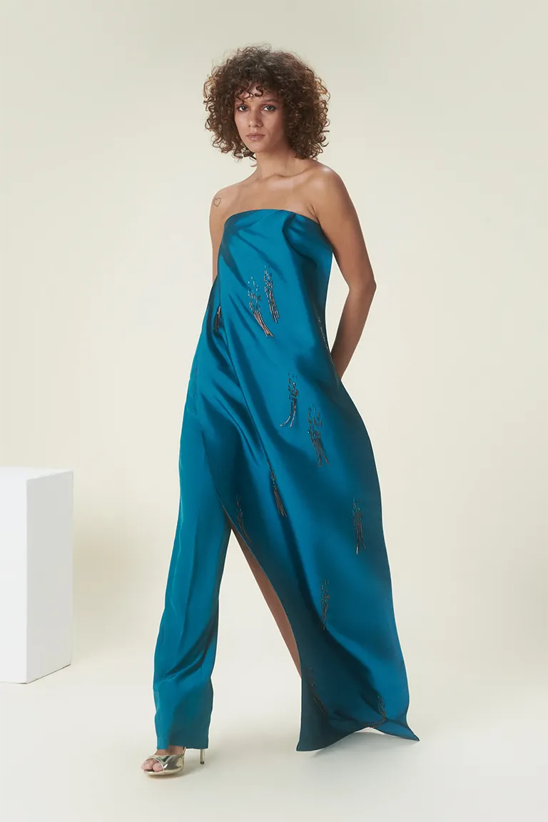 Embellished Jumpsuit With Asymmetrical Front Cape