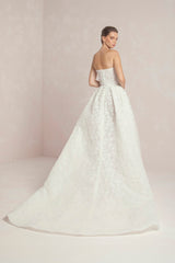 Embroidered Strapless Wedding Gown Adorned With Opulent Embossed Floral Appliqués