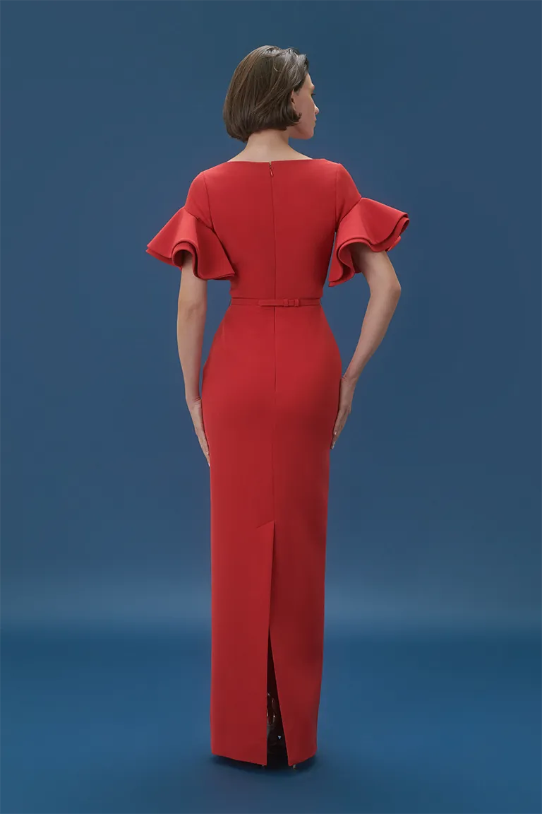  mother of the bride, dress with slit, high back slit, full length, crepe dress, fitted crepe dress,ruffled short sleeves, long dress, v neckline, evening dress, red dress, red carpet dress,  ready to wear designer, evening dress Dubai, buy dress Dubai, fashion designer Dubai,  Autumn-Winter collection, gala dress