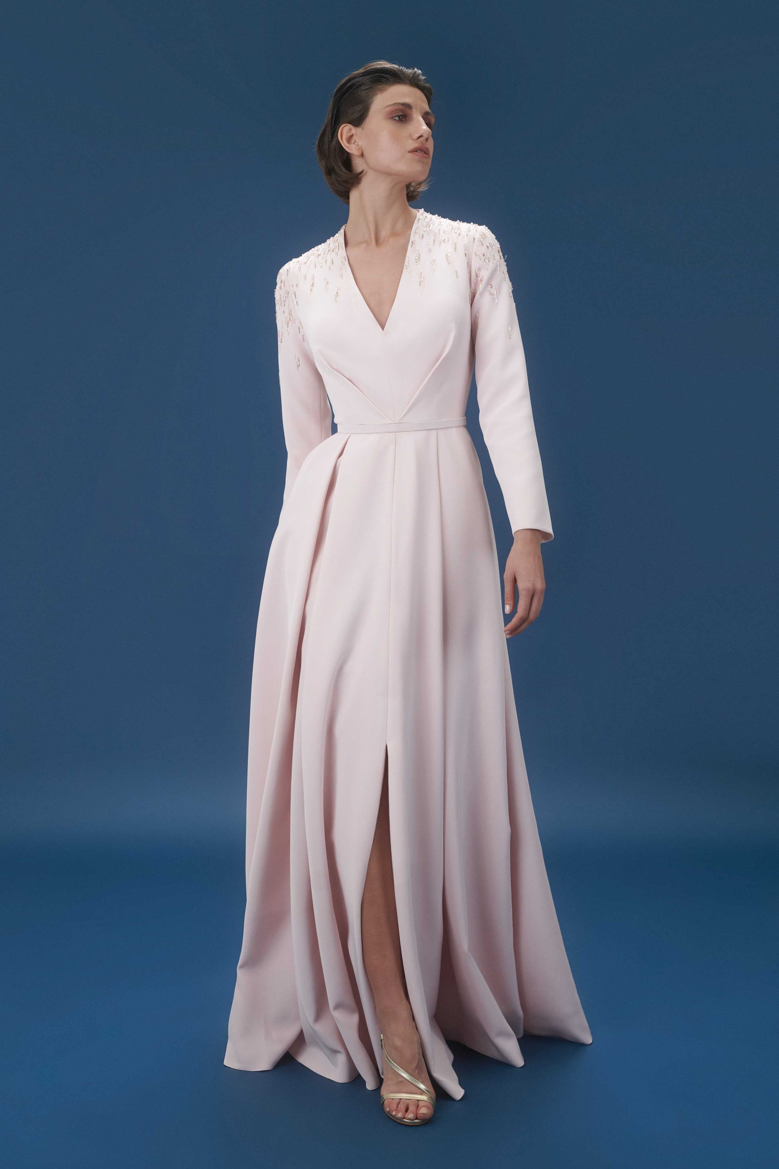 Long Sleeves V Neck Crepe Dress