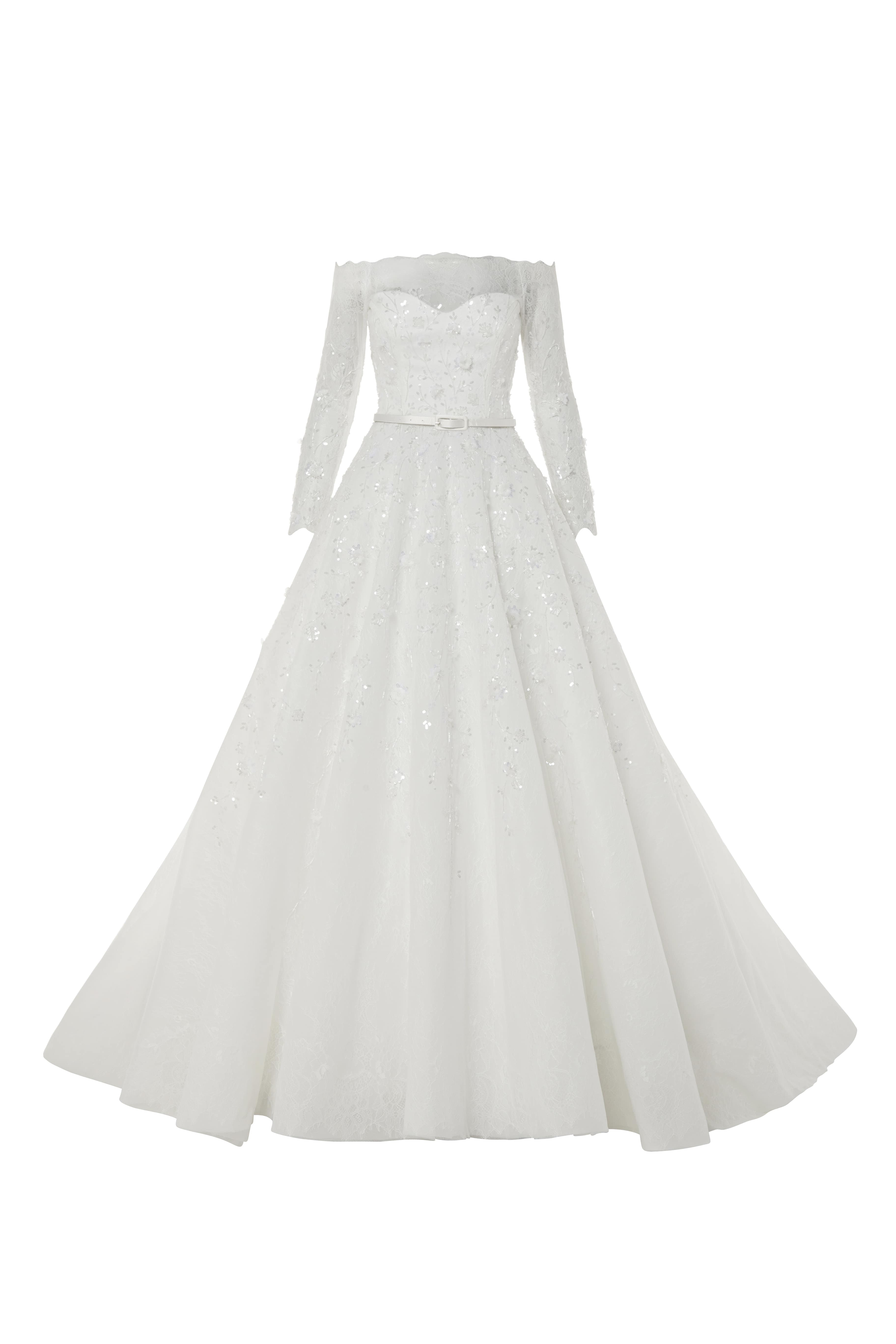 Long Lace Sleeves Volume Wedding Dress