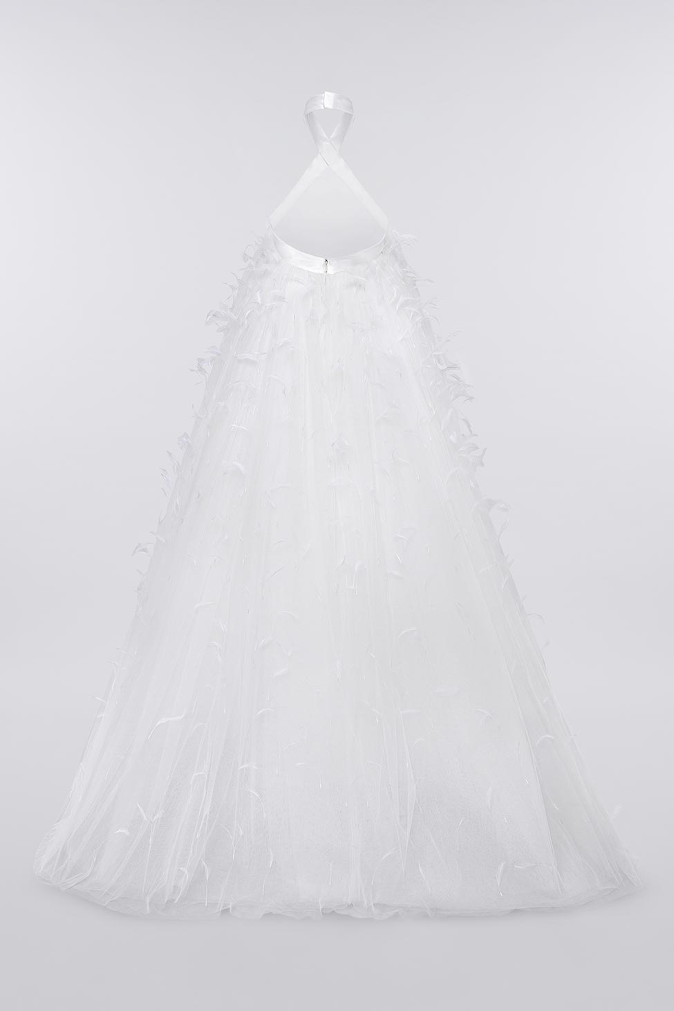 Halter neck tubino satin wedding gown with layered tulles