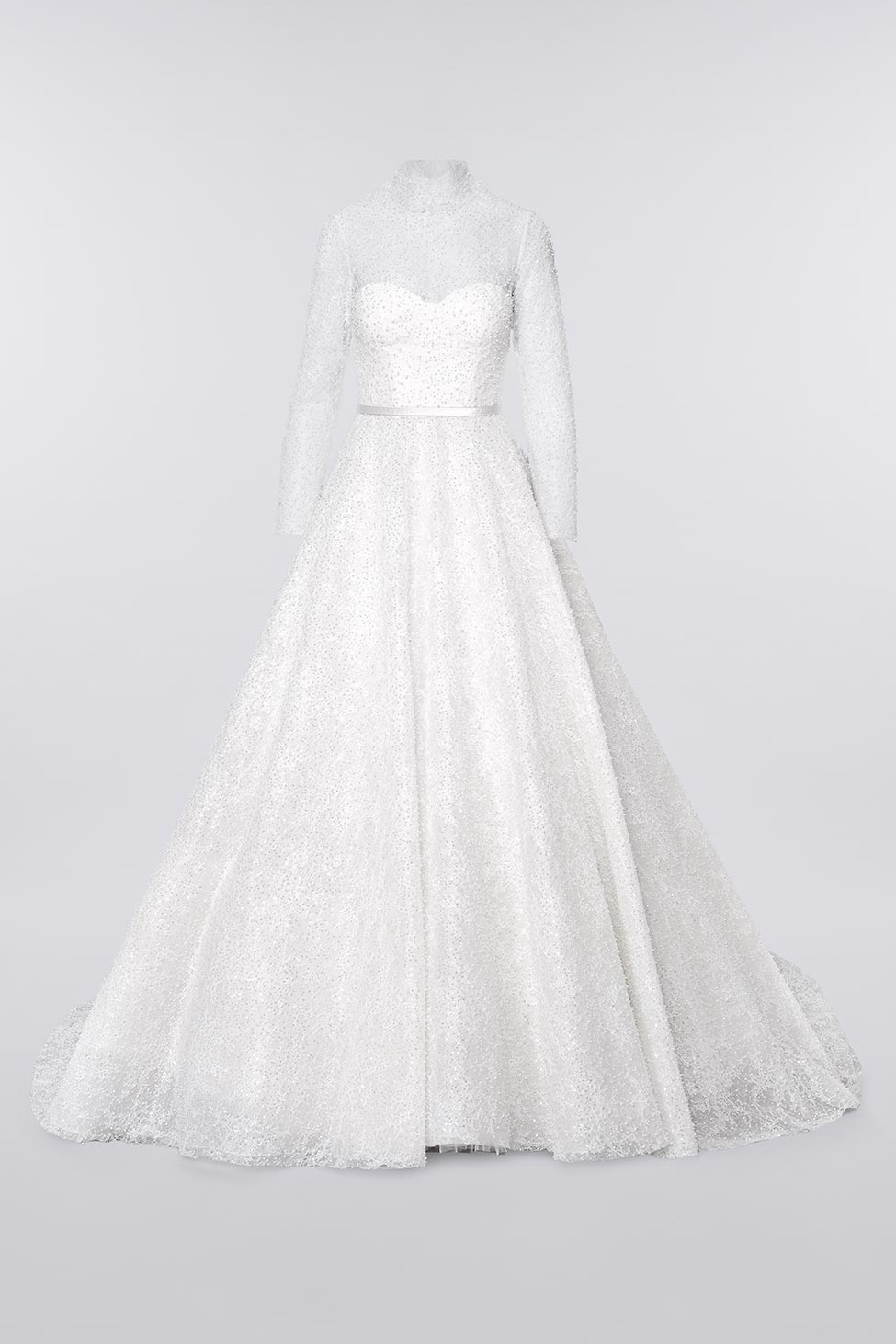 Luxurious Fully Beaded Lace Big Volume Wedding Dress With Long Sleeves