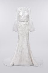 Delicate crystal beadwork mermaid wedding gown with ample sleeves
