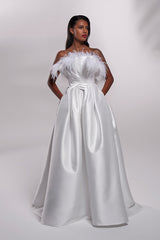 Strapless big volume satin wedding gown with extravagant feathers top