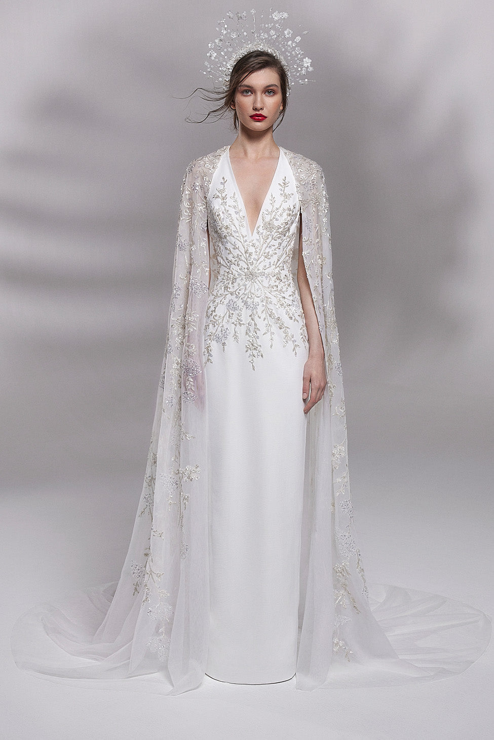 With Long Sleeves White Wedding Dress With Cape Royal Tubino Satin