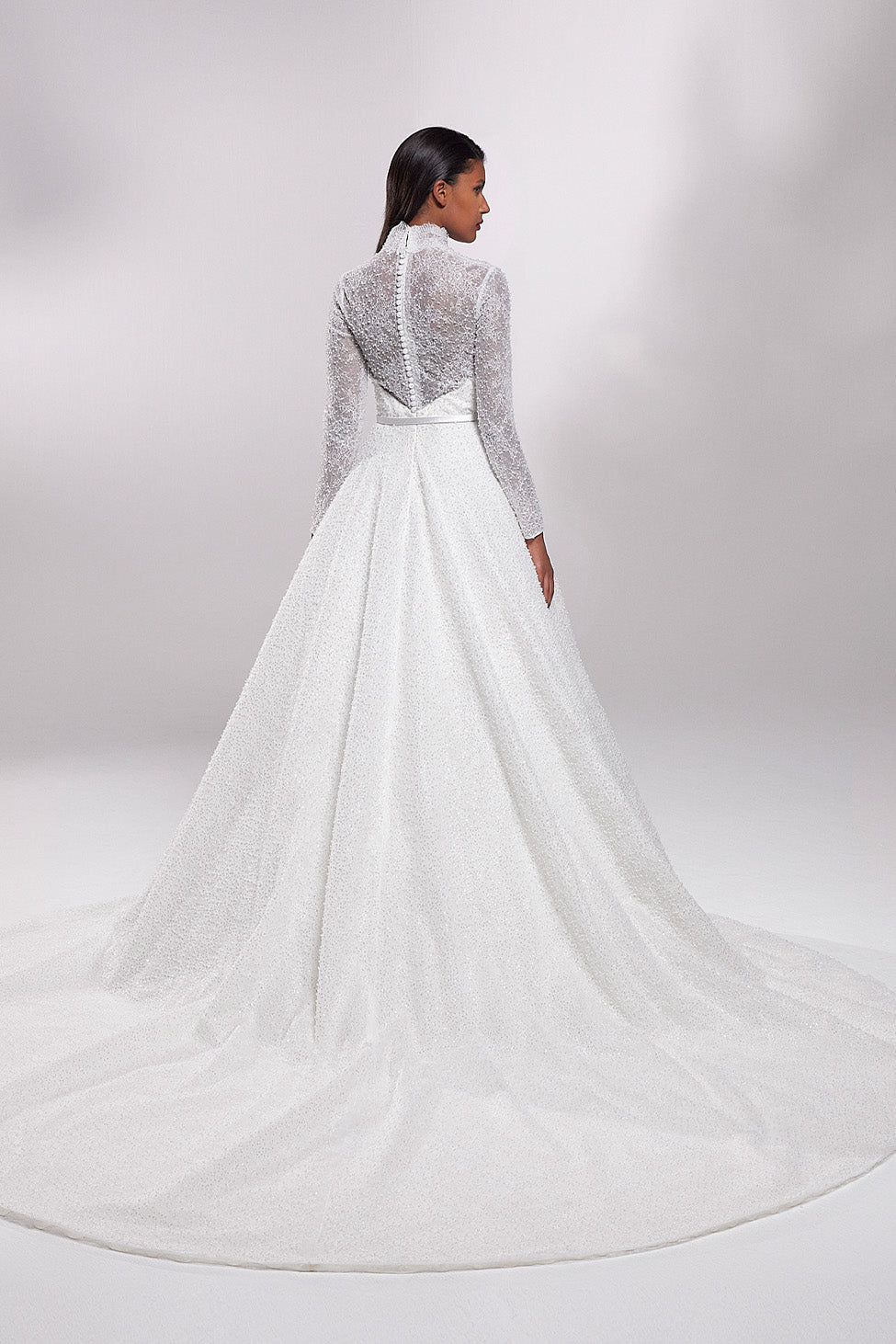 Luxurious Fully Beaded Lace Big Volume Wedding Dress With Long Sleeves