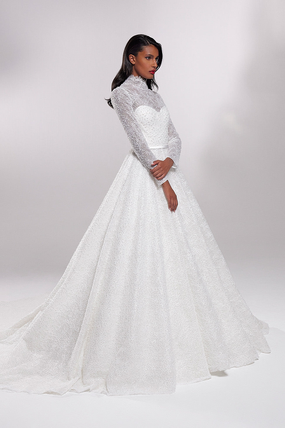 Luxurious fully beaded lace big volume wedding dress with long sleeves