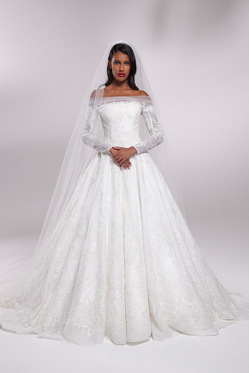 Fairytale volume embellished lace wedding dress with long sleeves