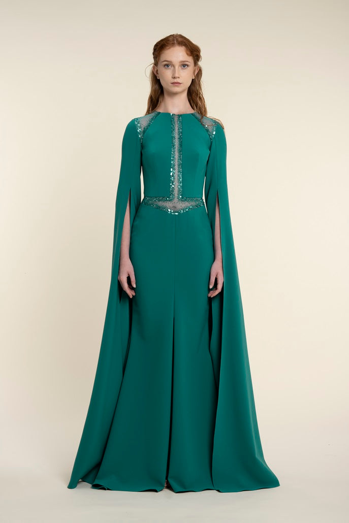 Beaded Geometric Cut Gown With Floor Length Sleeves - Luxury Evening Dress | Rami Al Ali Fanfare / FR 48 - Preorder Beaded Geometric Cut Gown With Floor Length Sleeves - Luxury Evening Dress | Rami Al Ali Fanfare / FR 48 - Preorder