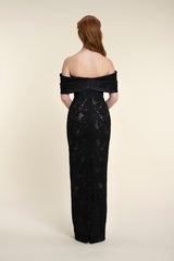 Lace Dress With Symmetrically Draped Off-Shoulder Piece