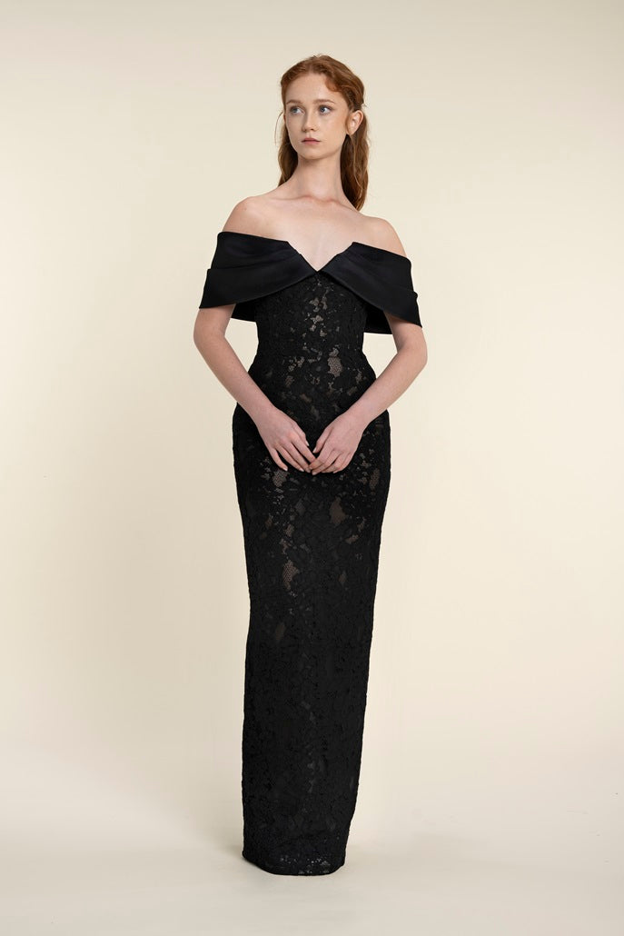 Lace Dress With Symmetrically Draped Off-Shoulder Piece