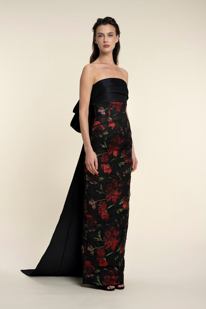 Embroidered Floral Dress With Draped Bows And Ribbons