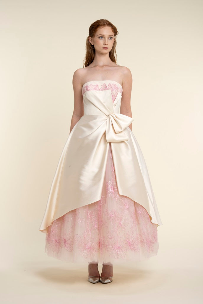 Voluminous Tea-Length Dress With Asymmetrically Draped Overlay