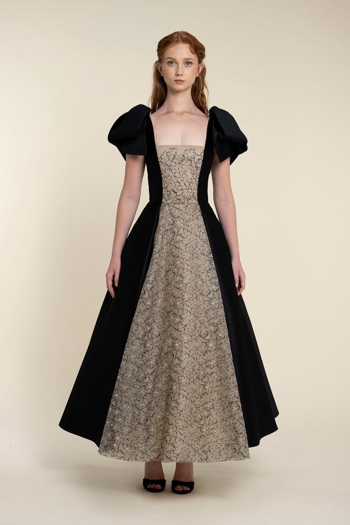 Full Length Voluminous Dress With Bows And Ribbons - Luxury Evening Dress | Rami Al Ali Floral Embroidery & Jet Black / FR 46 - Preorder Full Length Voluminous Dress With Bows And Ribbons - Luxury Evening Dress | Rami Al Ali Floral Embroidery & Jet Black / FR 46 - Preorder