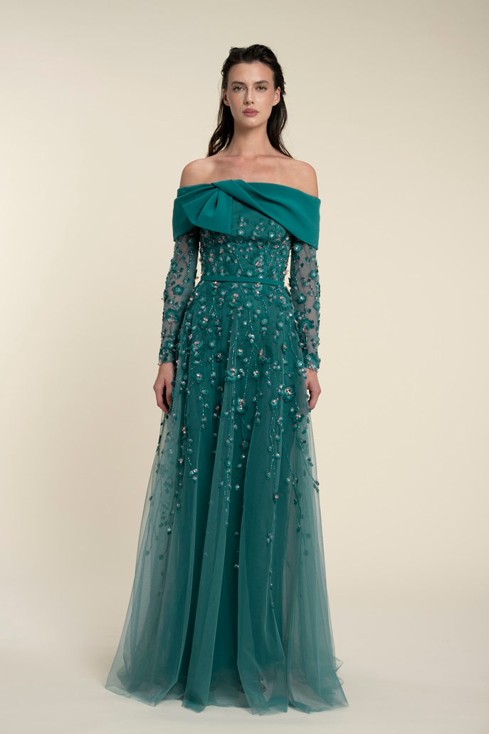 Fully Beaded Off-Shoulder Tulle Gown - Luxury Evening Dress | Rami Al Ali Fully Beaded Off-Shoulder Tulle Gown - Luxury Evening Dress | Rami Al Ali