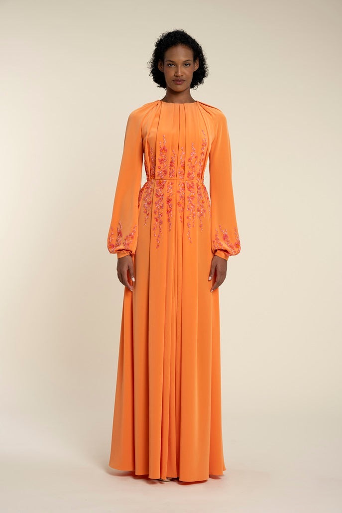 Pleated Dress With Bishop Sleeves And Embroidery Blazing Orange / FR 40 Pleated Dress With Bishop Sleeves And Embroidery Blazing Orange / FR 40