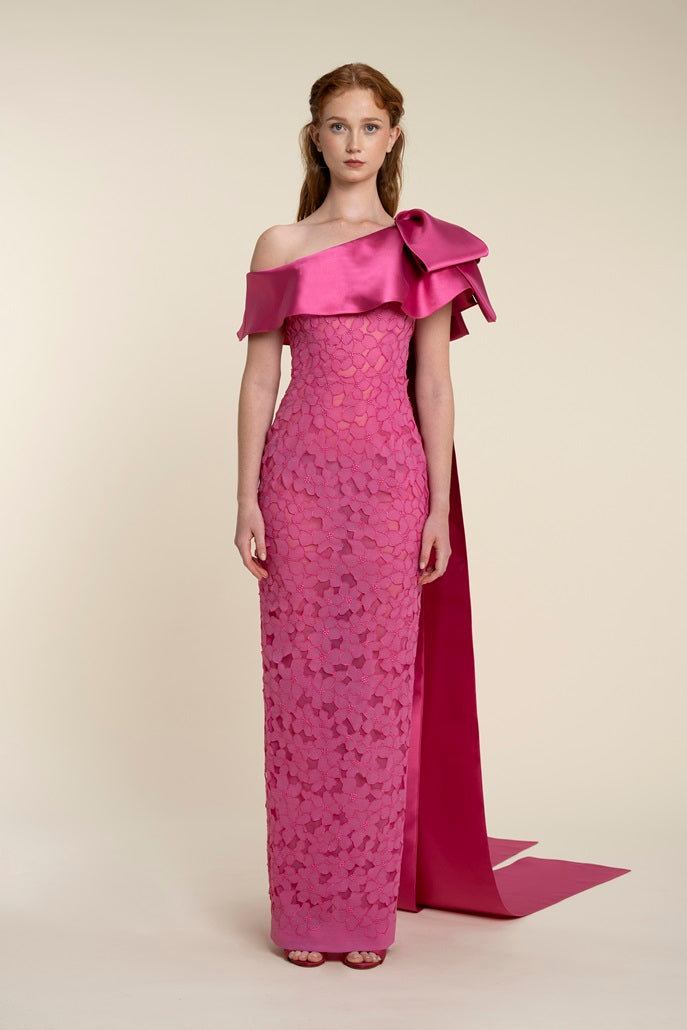 Embroidered Floral Dress With Asymmetrical Draped Cape