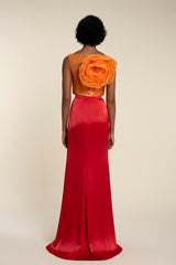 Fully Beaded Top With Statement Flower Piece And Draped Overlap Skirt