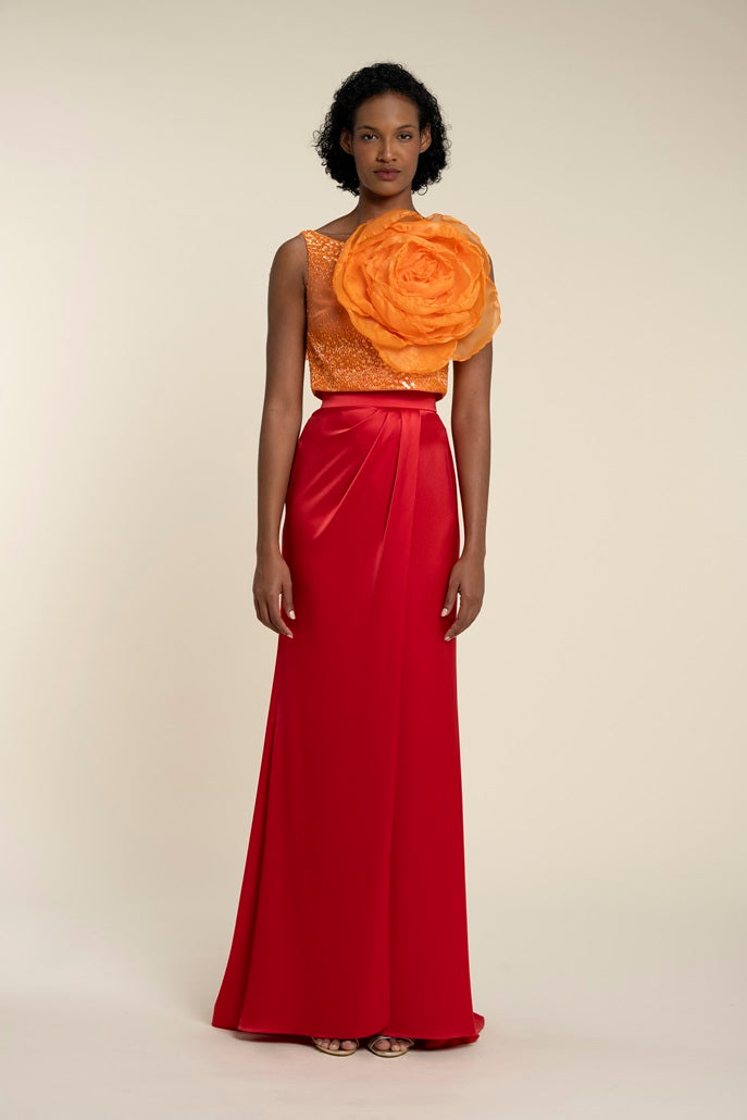 Fully Beaded Top With Statement Flower Piece And Draped Overlap Skirt