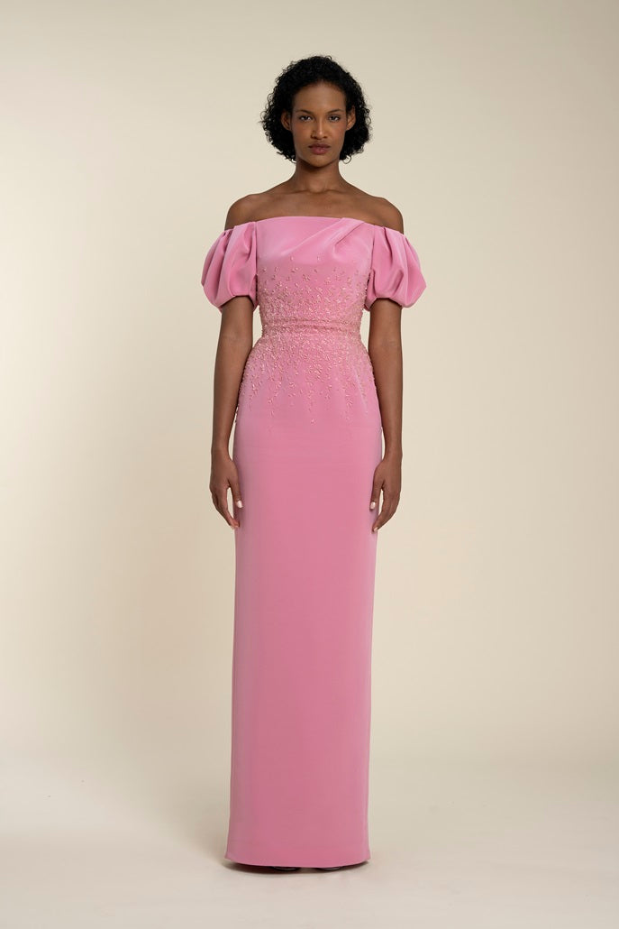 Beaded Tubino Dress With Pleated Puffy Sleeves