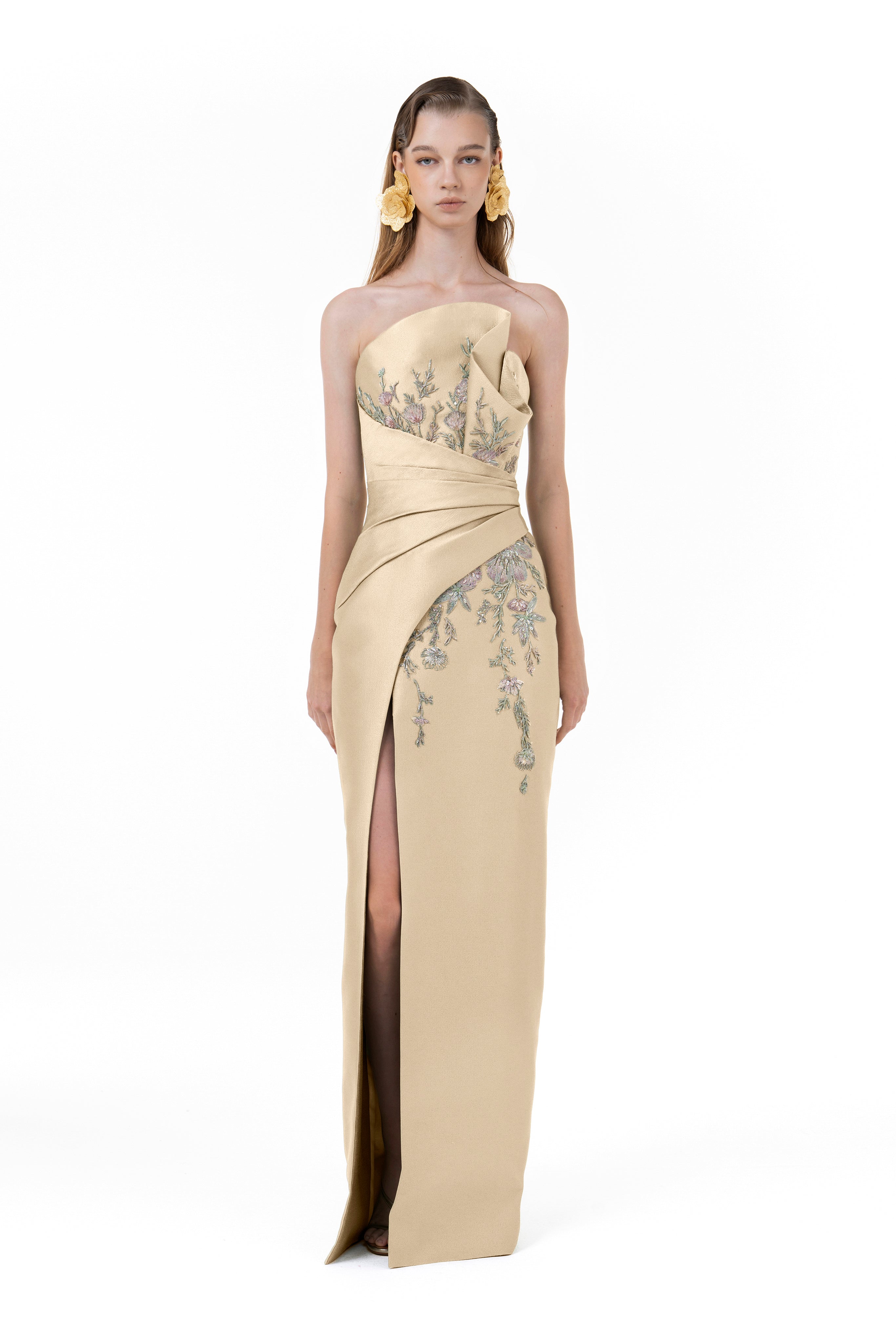 Asymmetrically Gown with High Overlap Slit - Luxury Evening Dress | Rami Al Ali Beige / FR 40 - Preorder Asymmetrically Gown with High Overlap Slit - Luxury Evening Dress | Rami Al Ali Beige / FR 40 - Preorder