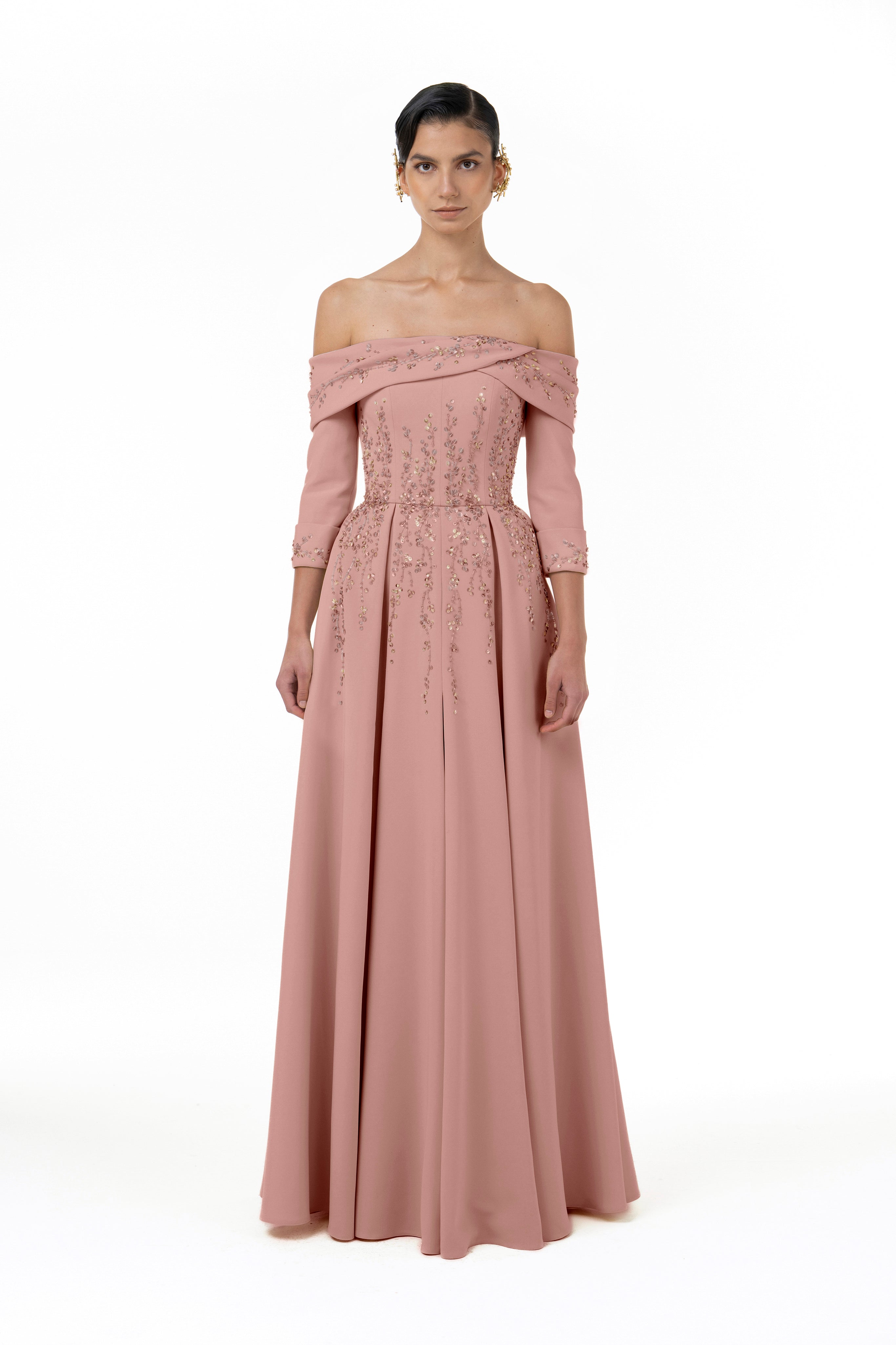Fully Beaded Off-Shoulder Gown With Paneled A-line Skirt