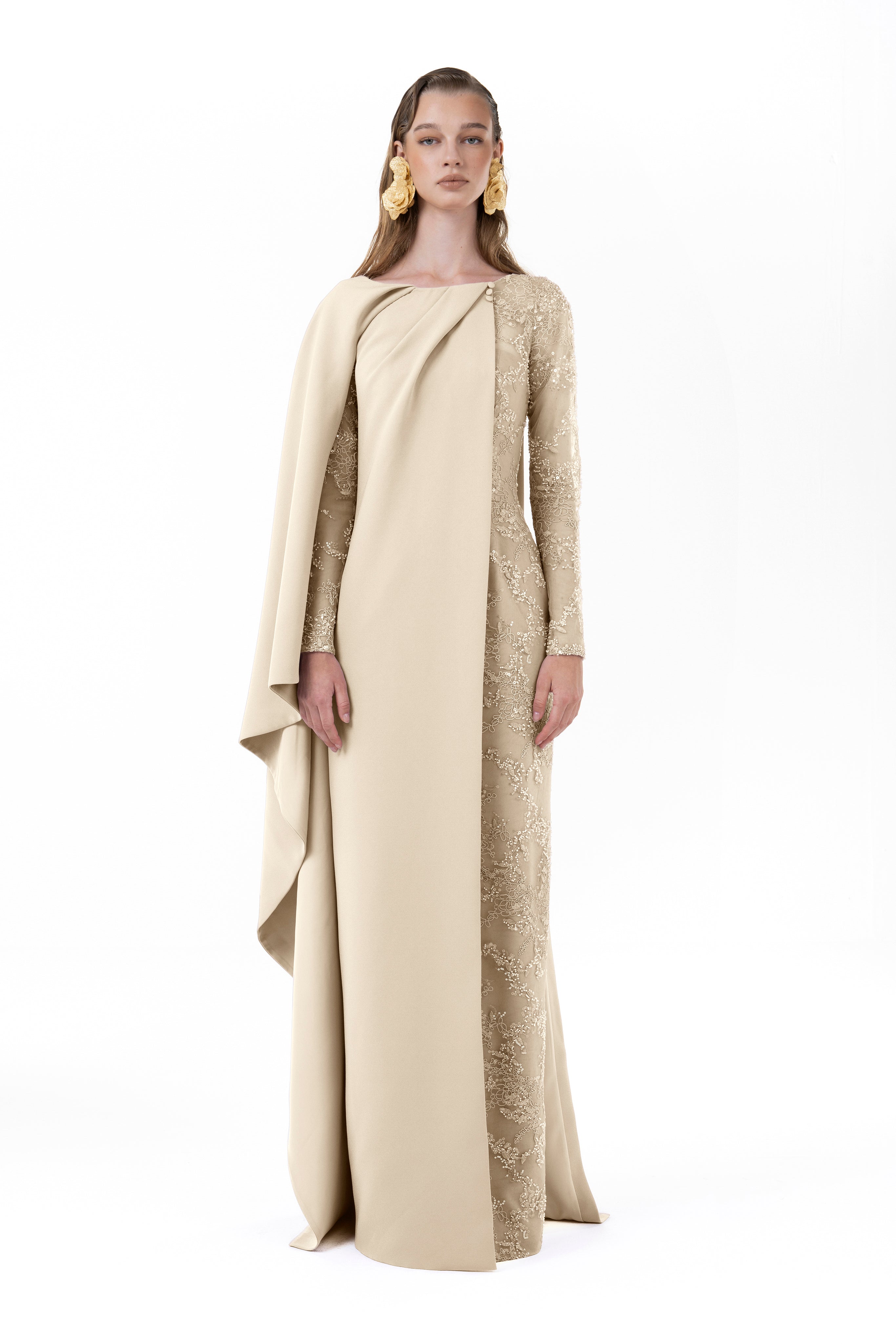 Fully Beaded Gown With Asymmetric Draped Overlay Cape