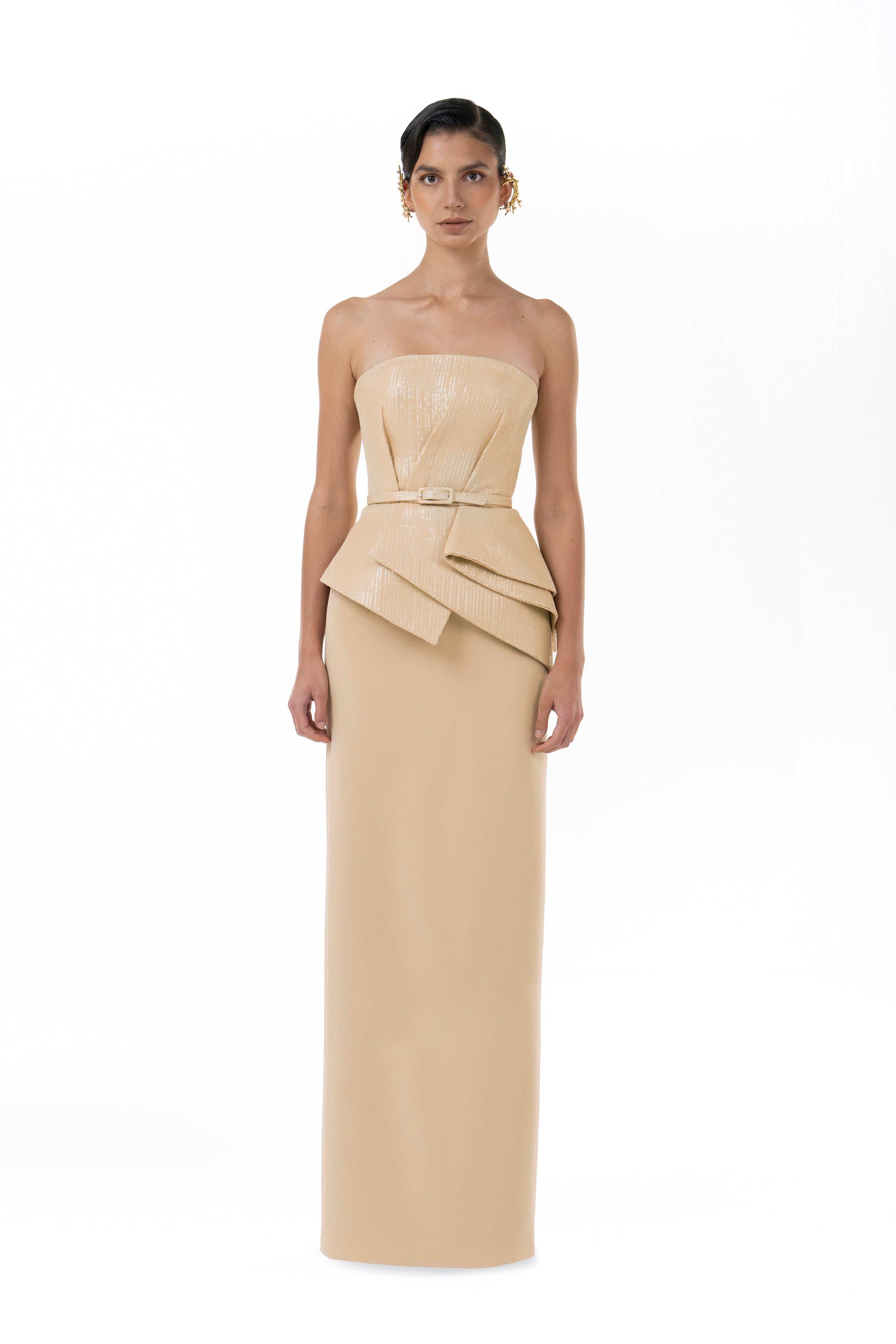 Strapless Dress With Asymmetric Structured Peplum - Luxury Evening Dress | Rami Al Ali Beige / FR 44 - Available Strapless Dress With Asymmetric Structured Peplum - Luxury Evening Dress | Rami Al Ali Beige / FR 44 - Available