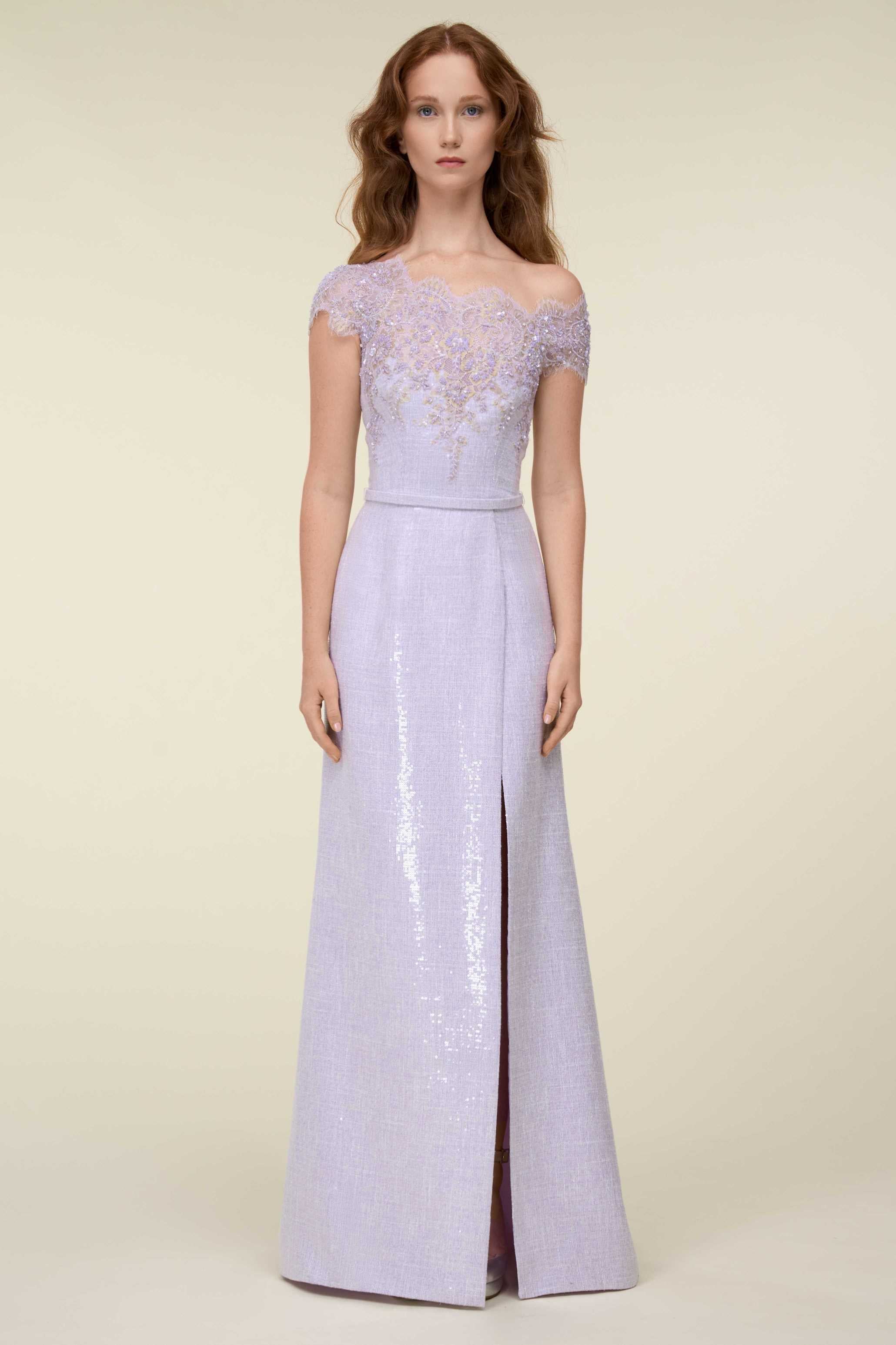 Off-Shoulder Sequined Overlapped  Mermaid Gown With Belt