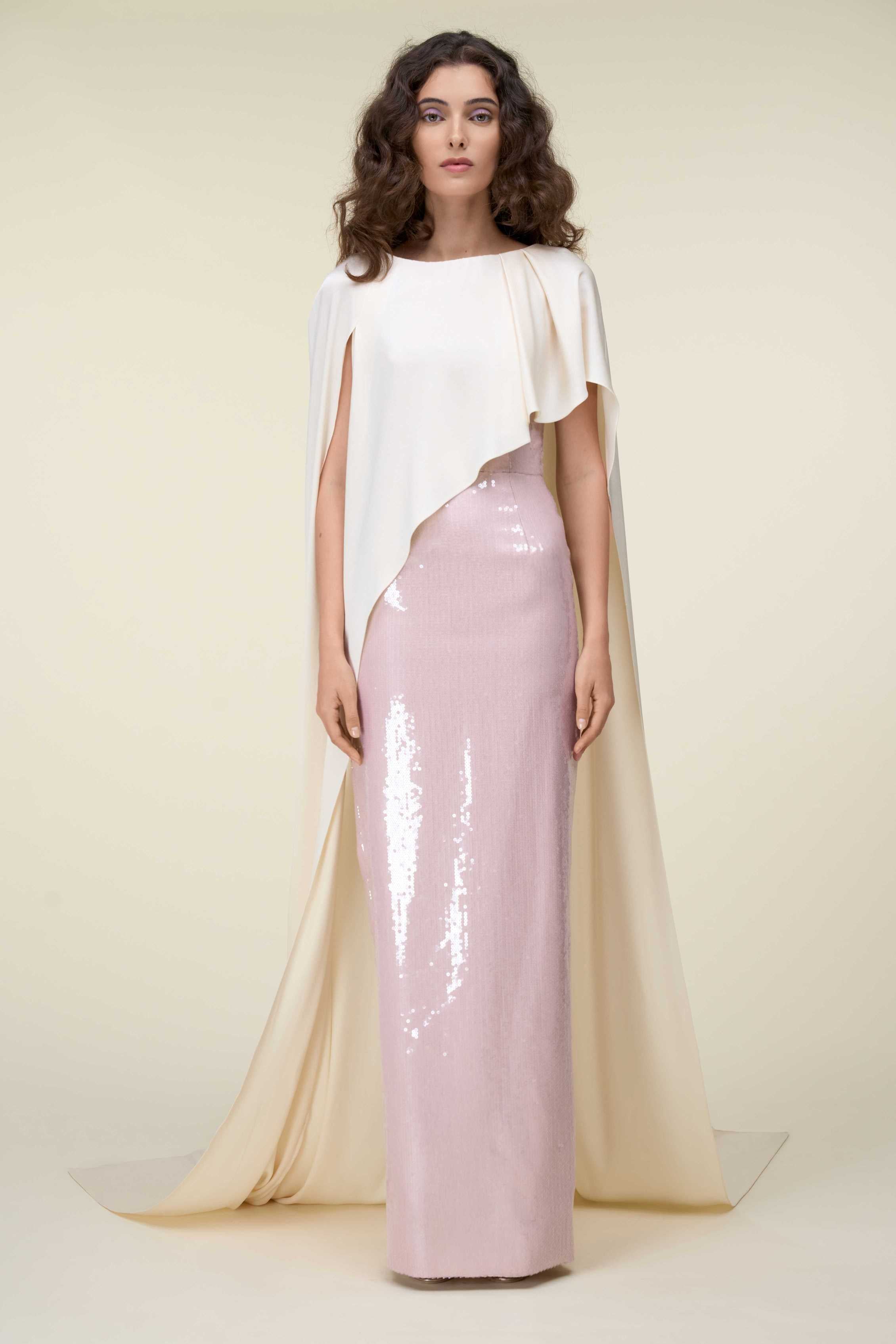 Sequin Tubino Dress With Asymmetrical Cape Overlay.