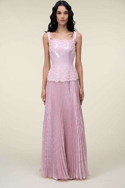 Sequin Gown With Peplum And Sunray Pleated Skirt.
