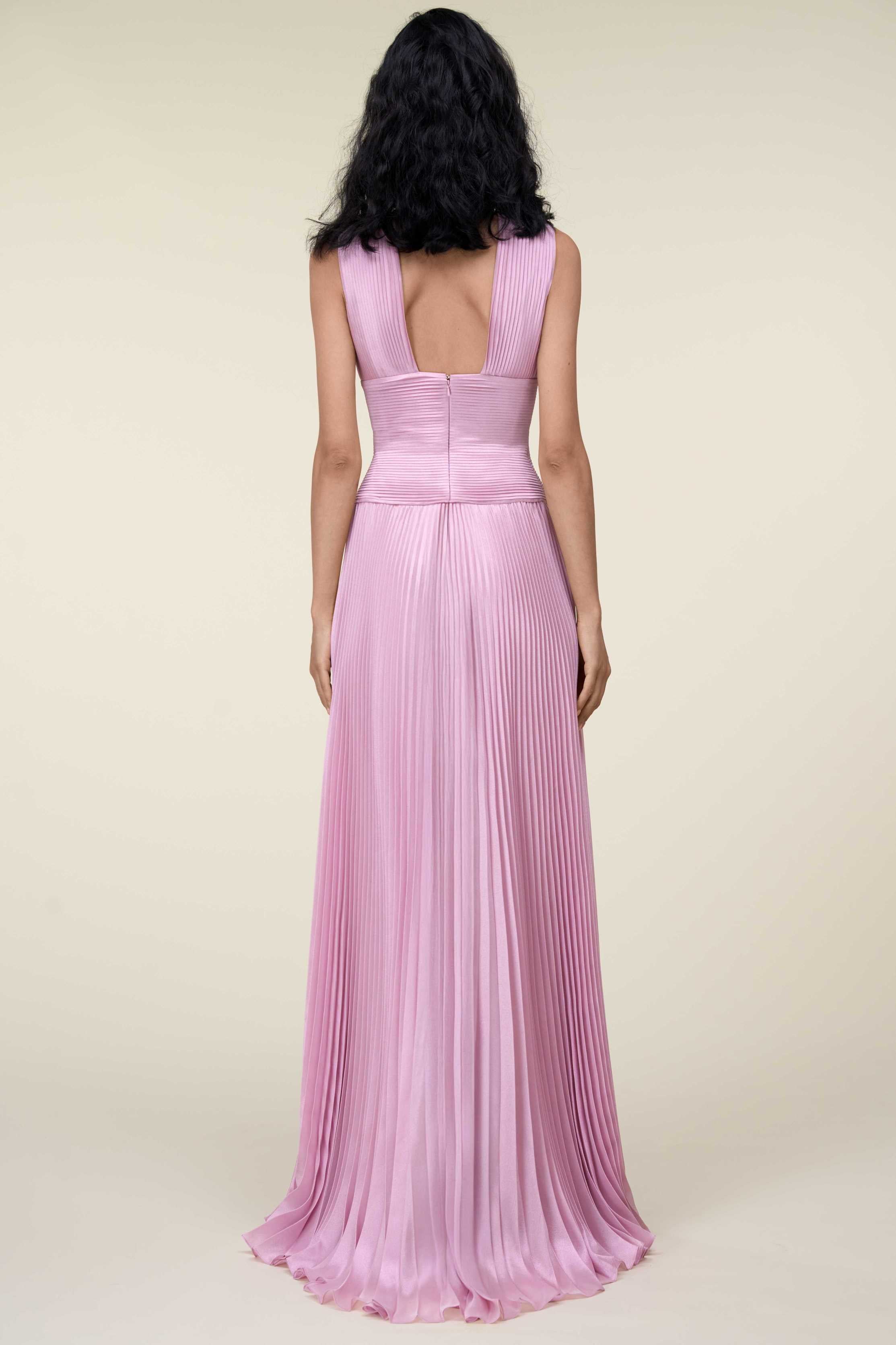Pleated Gown With Plunging Neckline And Defined Waist.