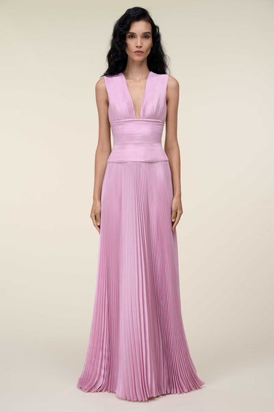 Pleated Gown With Plunging Neckline And Defined Waist.