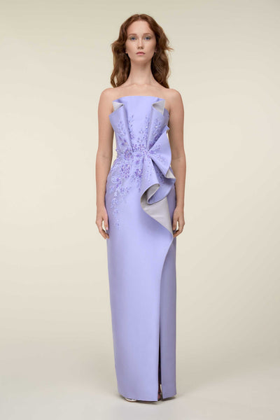 Strapless Embroidered Tubino Dress With Sculpted Drape Detail.
