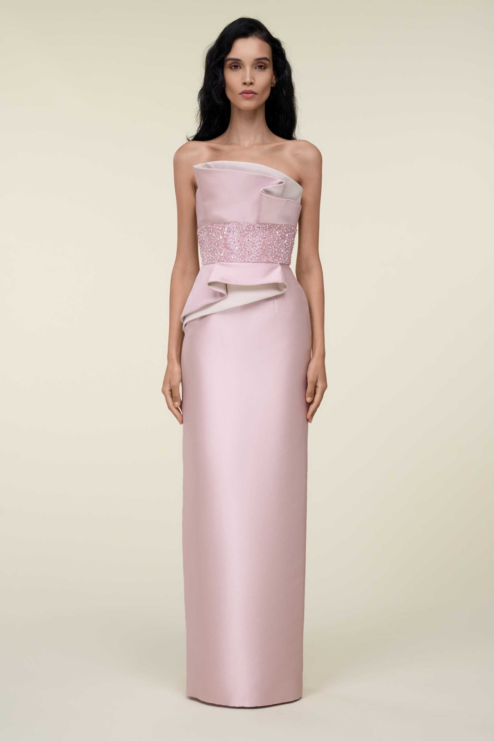 Strapless Tubino Dress With Draped Details And Beaded Waist - Luxury Evening Dress | Rami Al Ali Strapless Tubino Dress With Draped Details And Beaded Waist - Luxury Evening Dress | Rami Al Ali