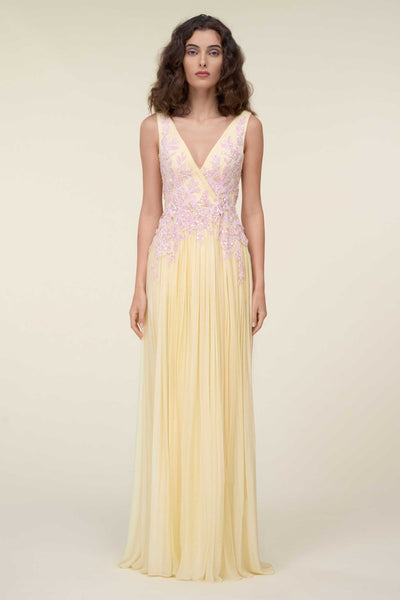 Mousseline Draped Gown With Embroidered Bodice And Skirt.