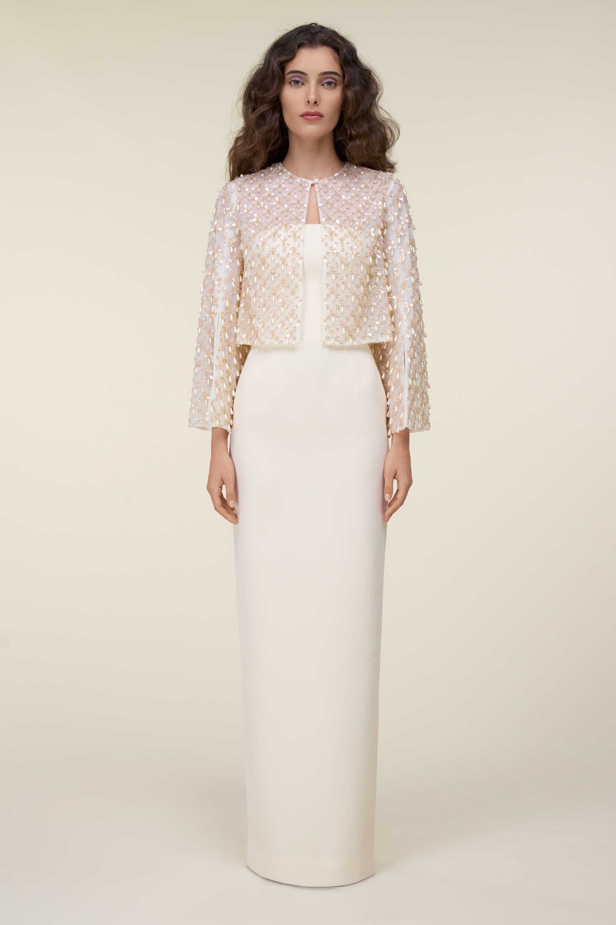 Tubino Dress With Fully Beaded Cropped Top With Flair Sleeves.