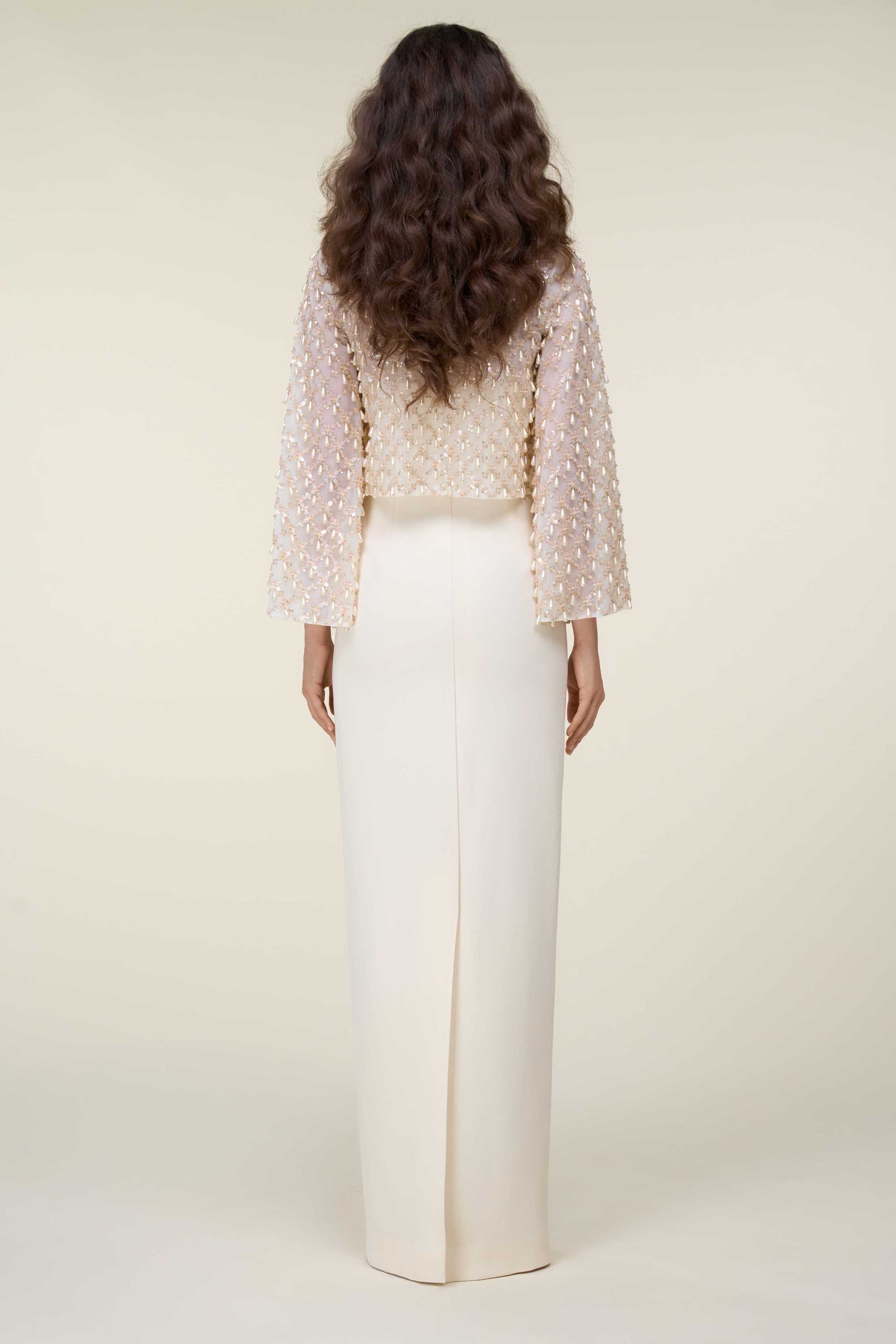 Tubino Dress With Fully Beaded Cropped Top With Flair Sleeves.