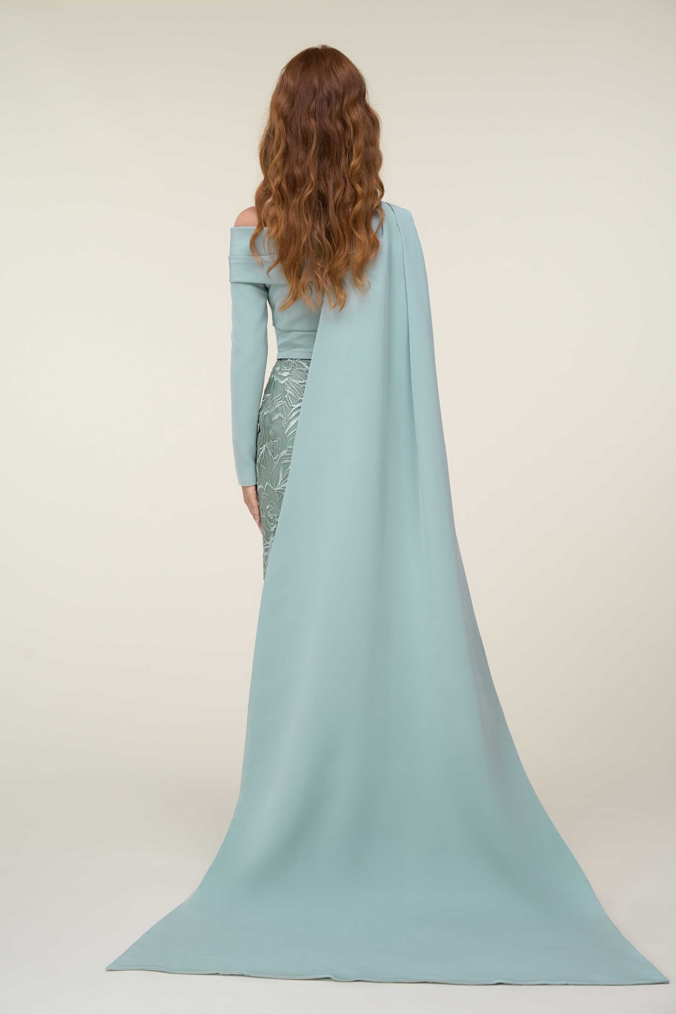 Off-Shoulder Tubino Dress With Draped Bodice Cape With Belt