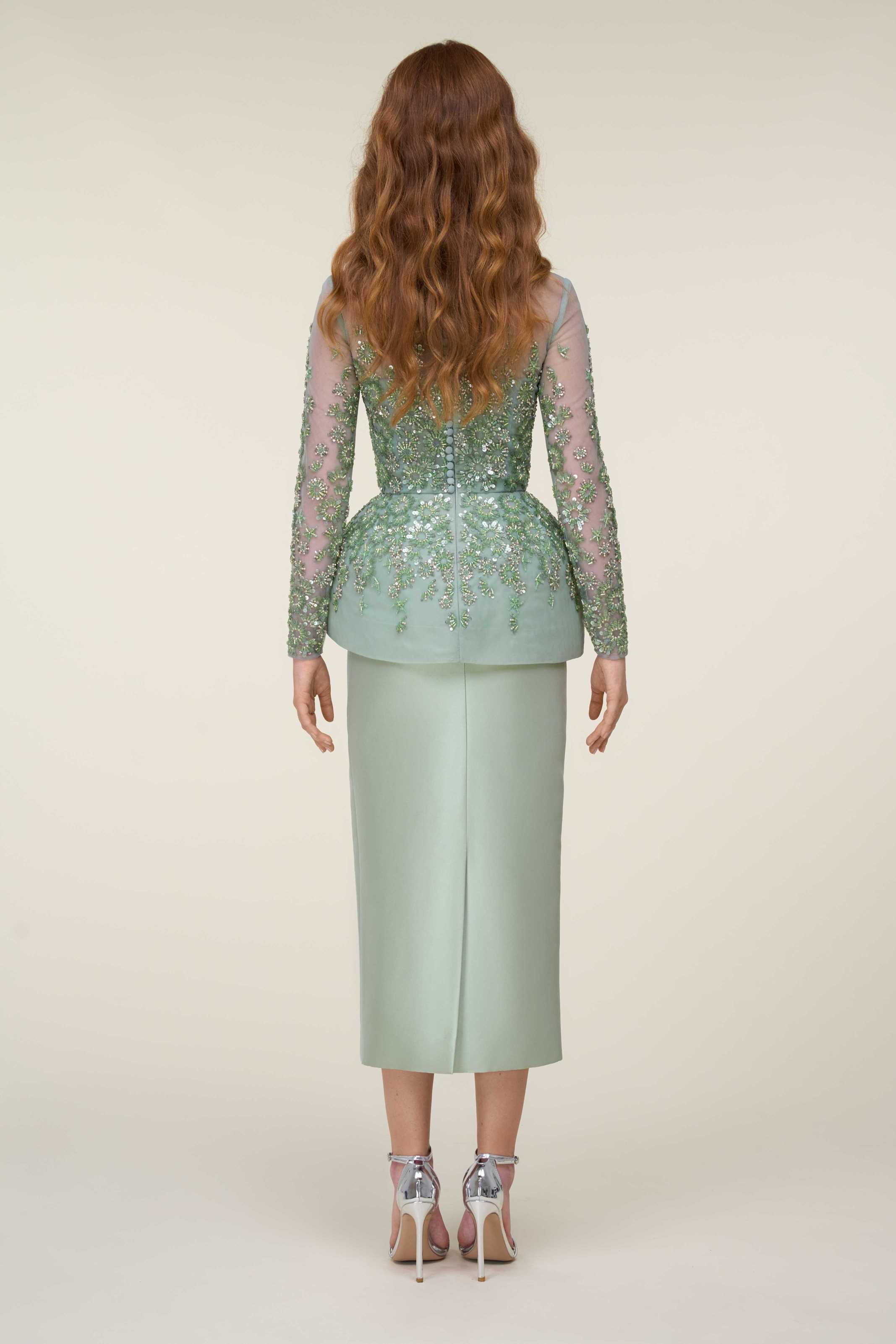 Fully Beaded Tea-Length Tubino With Illusion Neckline And Peplum.